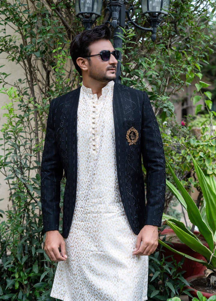 Zarrar by Edge Republic Mens RTW Embroidered Blended Cotton 3 Piece Suit Prince Coat ER 2088 Festive Collection