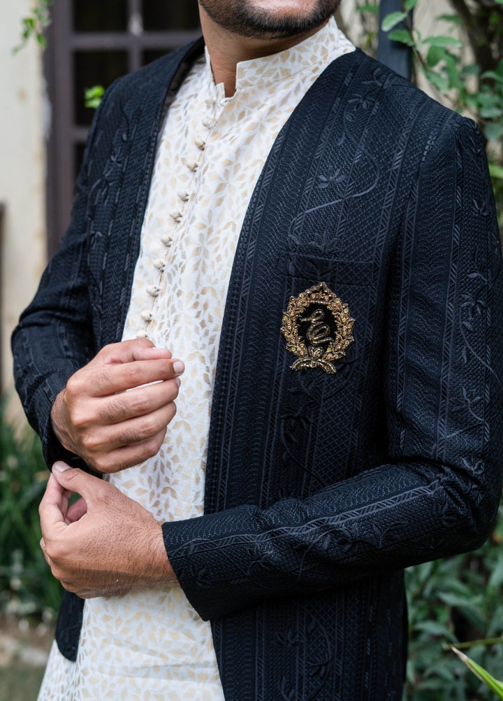 Zarrar by Edge Republic Mens RTW Embroidered Blended Cotton 3 Piece Suit Prince Coat ER 2088 Festive Collection