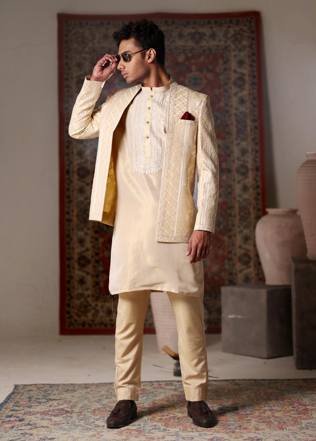 Modest by Edge Republic Mens RTW Embroidered Blended Cotton 3 Piece Suit Prince Coat ER 3019 Festive Collection
