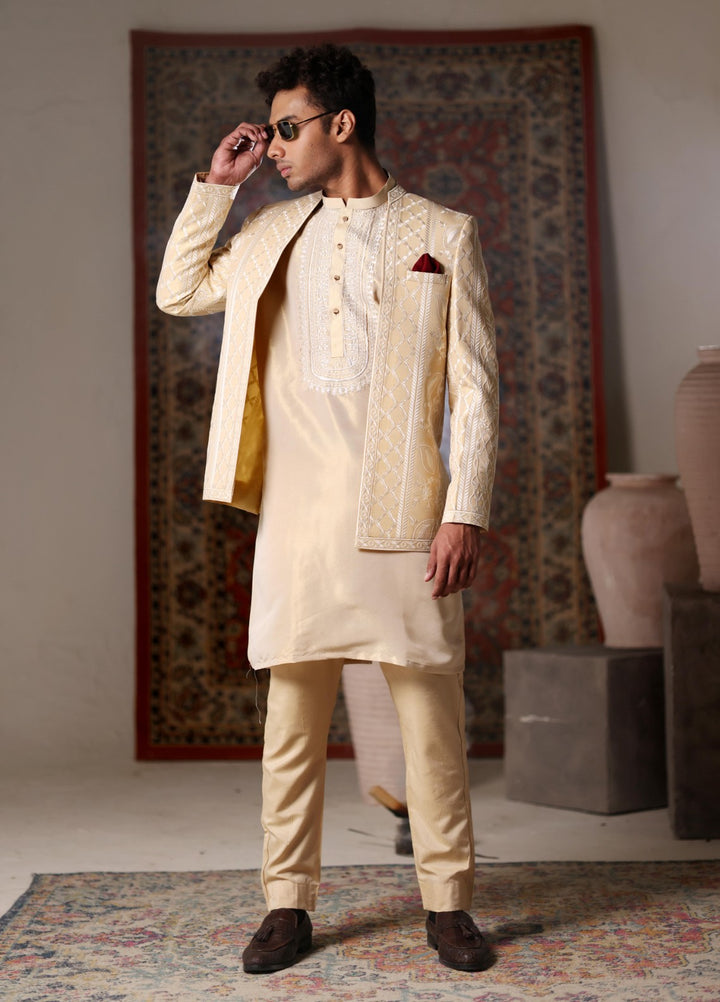 Modest by Edge Republic Mens RTW Embroidered Blended Cotton 3 Piece Suit Prince Coat ER 3019 Festive Collection