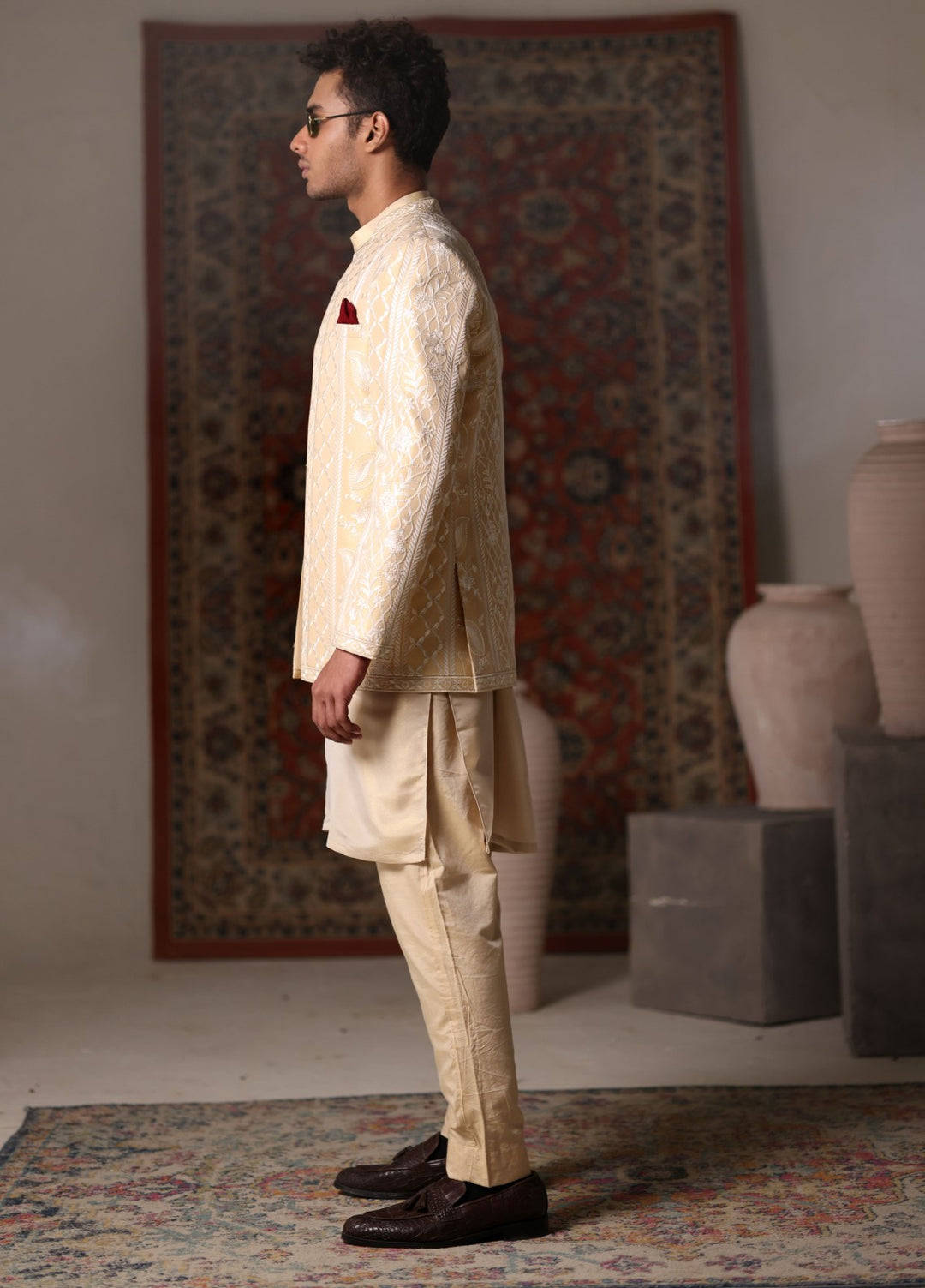 Modest by Edge Republic Mens RTW Embroidered Blended Cotton 3 Piece Suit Prince Coat ER 3019 Festive Collection
