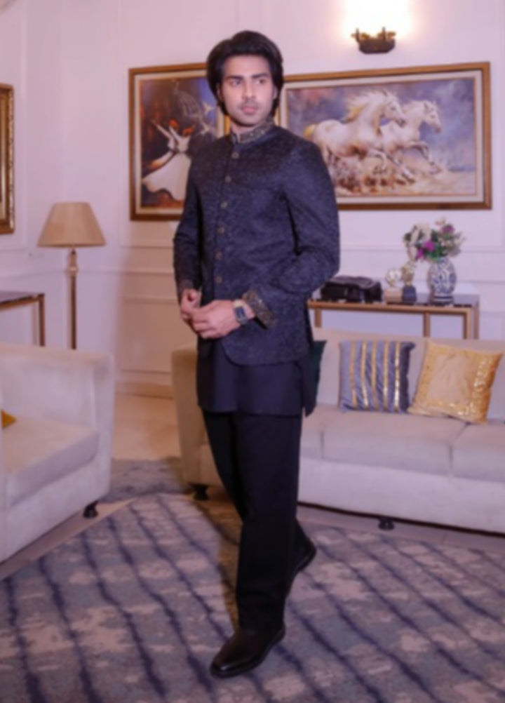Modest by Edge Republic Mens RTW Embroidered Blended Cotton 3 Piece Suit Prince Coat ER 3015 Festive Collection