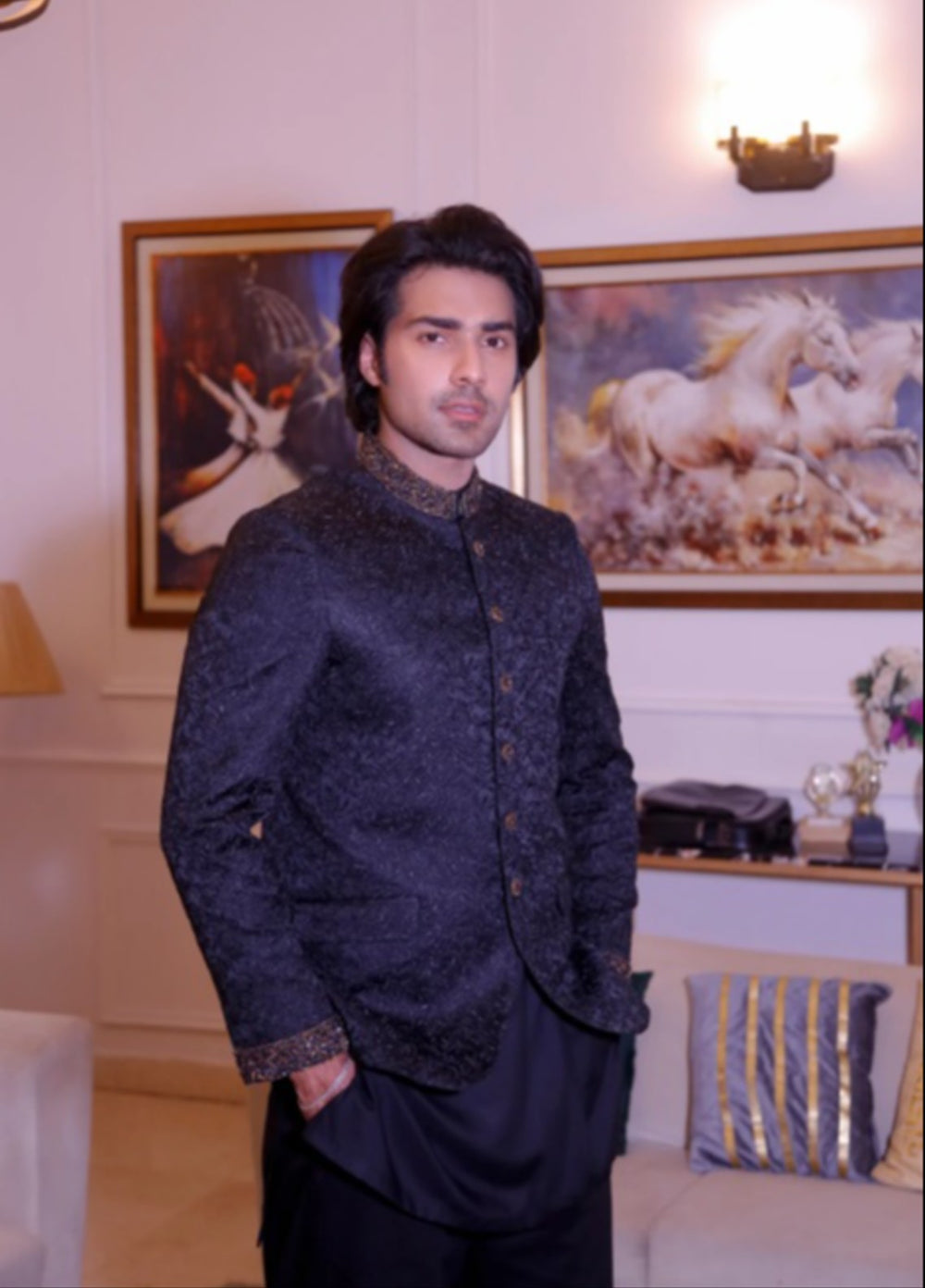 Modest by Edge Republic Mens RTW Embroidered Blended Cotton 3 Piece Suit Prince Coat ER 3015 Festive Collection