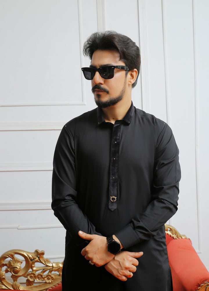 Modern Edge Republic Mens RTW Solids Wash N Wear 2 Piece Suit Shining Black ER 808 Festive Collection