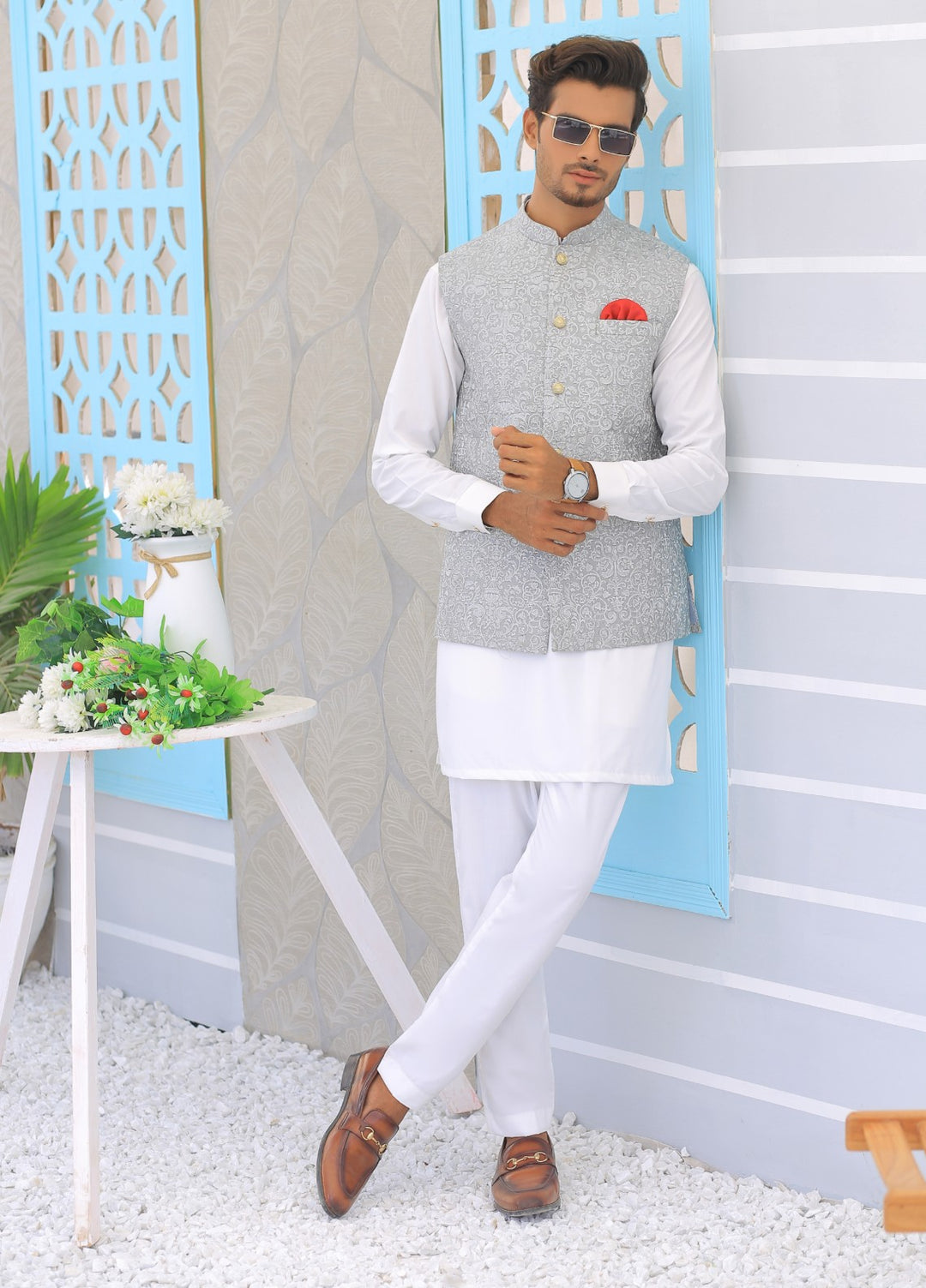 Luxe Waistcoat by Edge Republic Mens RTW Embroidered Wash N Wear 2 Piece Suit ER WC 1098 Festive Collection