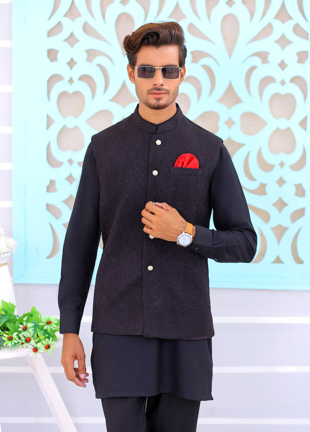 Luxe Waistcoat by Edge Republic Mens RTW Embroidered Wash N Wear 2 Piece Suit ER WC 1079 Festive Collection