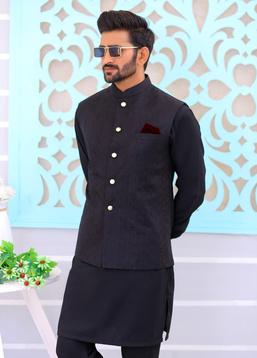 Luxe Waistcoat by Edge Republic Mens RTW Embroidered Wash N Wear 2 Piece Suit ER WC 1077 Festive Collection