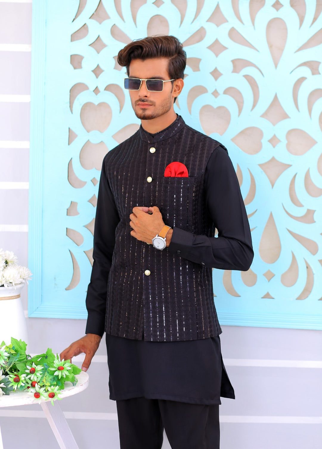 Luxe Waistcoat by Edge Republic Mens RTW Embroidered Wash N Wear 2 Piece Suit ER WC 1075 Festive Collection