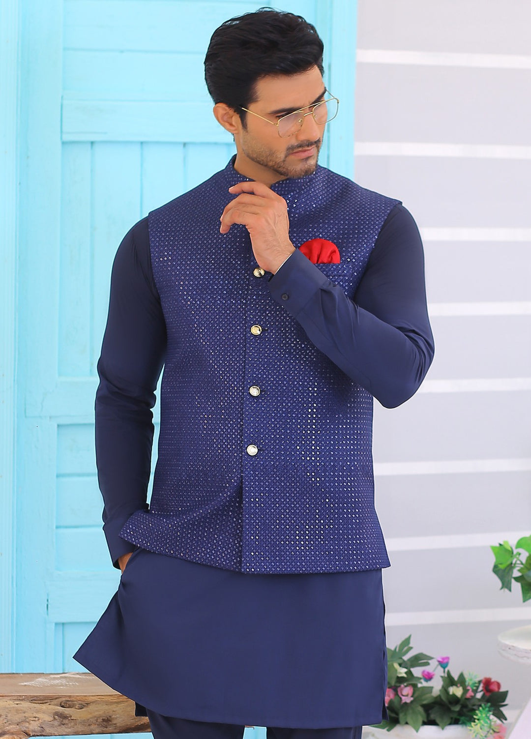 Luxe Waistcoat by Edge Republic Mens RTW Embroidered Wash N Wear 2 Piece Suit ER WC 1074 Festive Collection