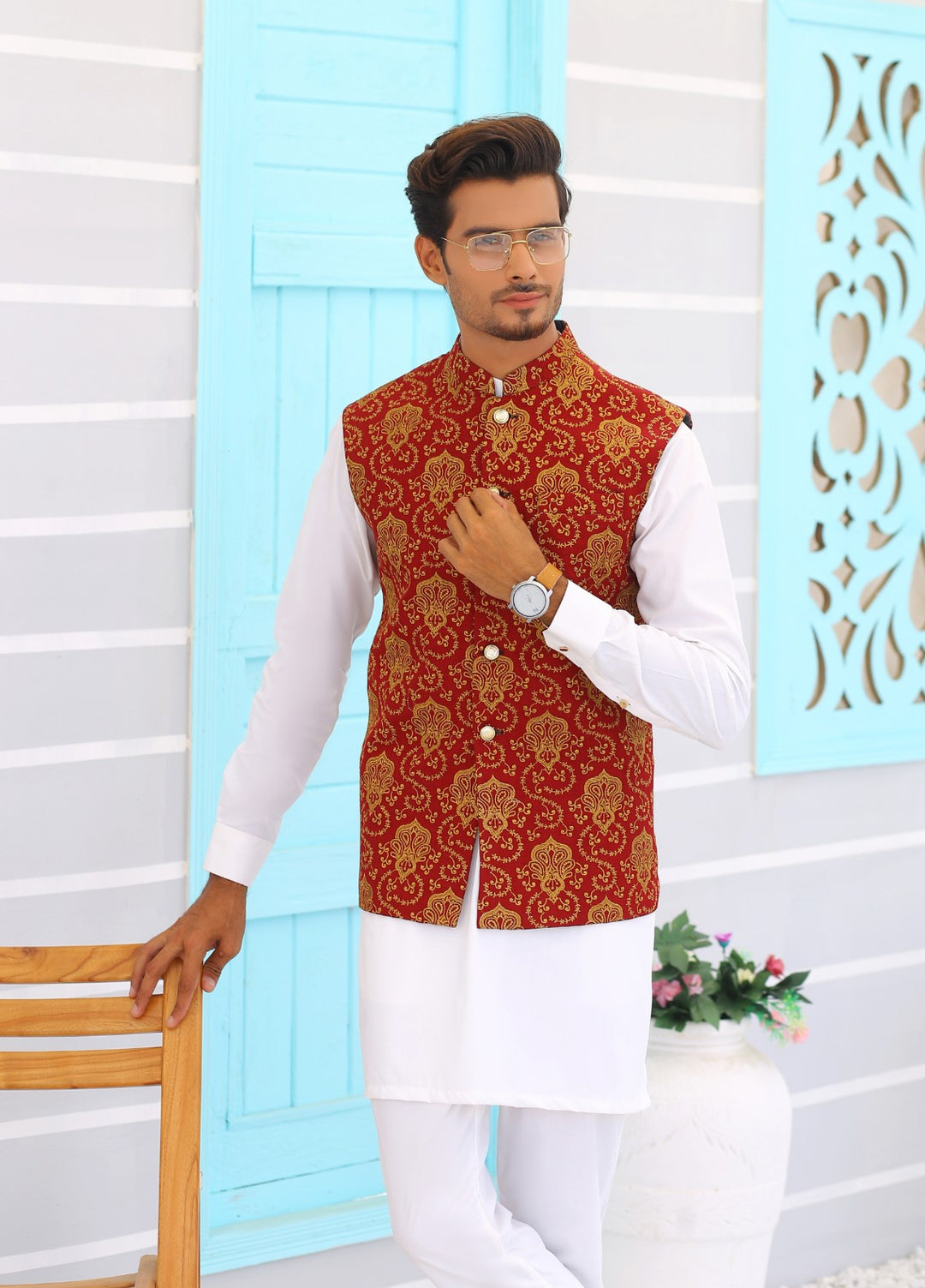 Luxe Waistcoat by Edge Republic Mens RTW Embroidered Wash N Wear 2 Piece Suit ER WC 1065 Festive Collection