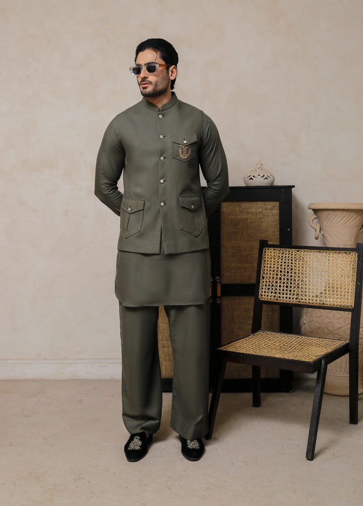 Luxe Waistcoat by Edge Republic Mens RTW Solids Wash N Wear 2 Piece Suit Olive Green Festive Collection