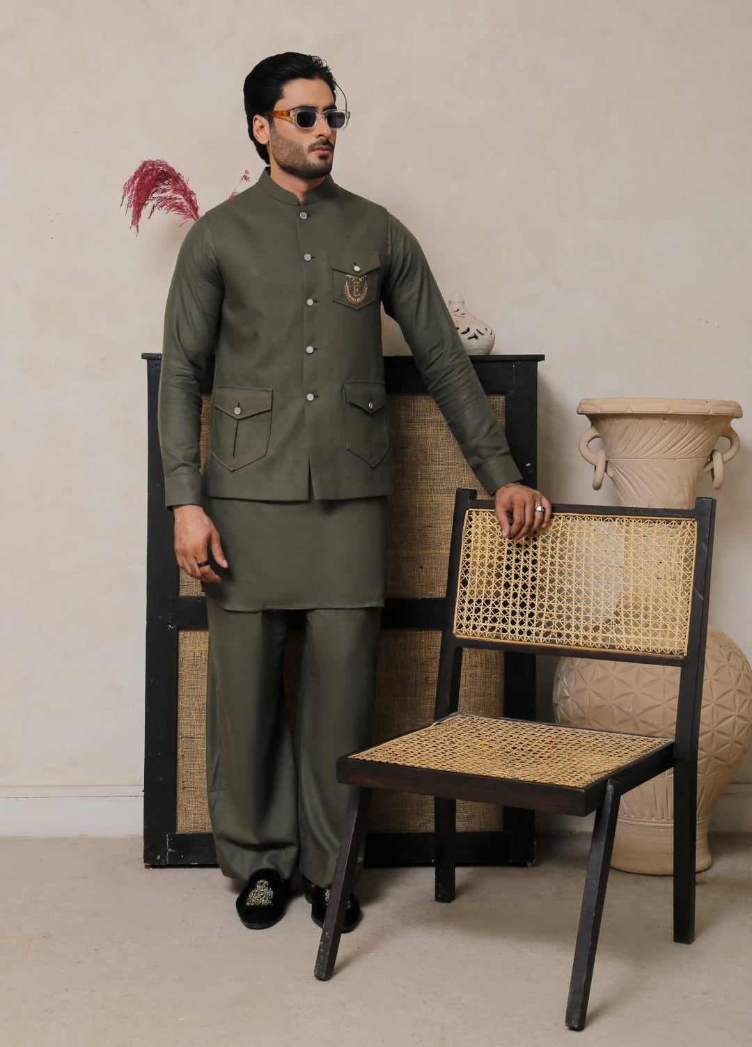 Luxe Waistcoat by Edge Republic Mens RTW Solids Wash N Wear 2 Piece Suit Olive Green Festive Collection