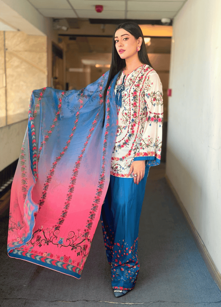 Syra's Atelier RTW Printed Lawn 3 Piece Suit Jahan Ara Blue Casual Collection