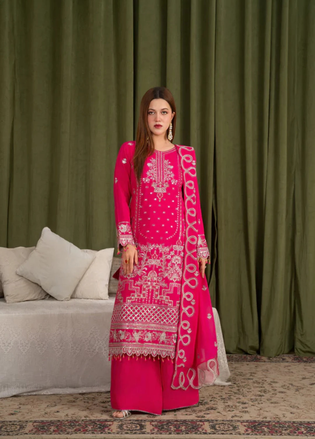 Sehrish by Maherposh RTW Chikankari Viscose Raw Silk 3 Piece Suit MP-SR-04 FUCHSIA BLOOM Festive Collection