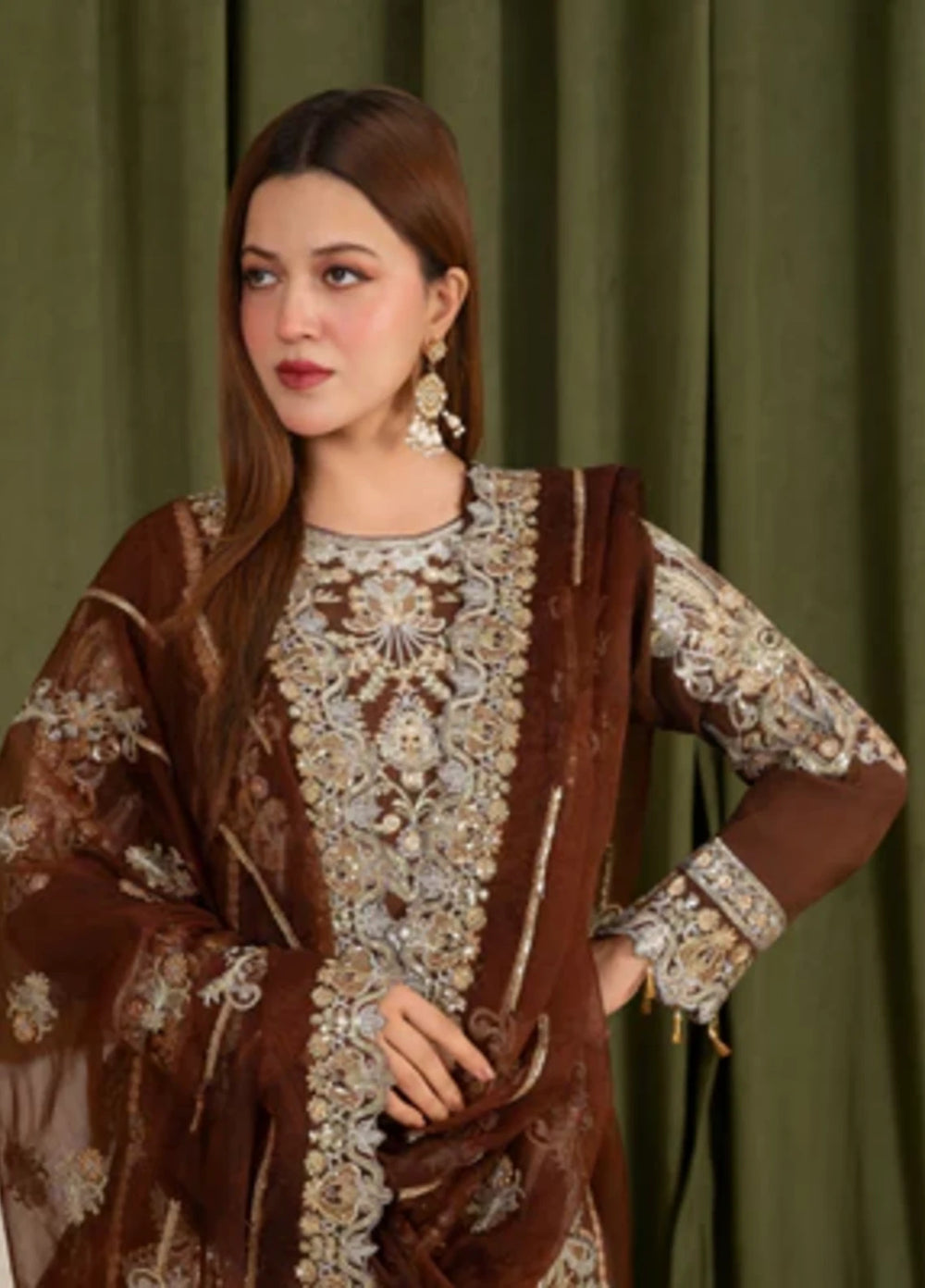 Sehrish by Maherposh RTW Embroidered Viscose Raw Silk 3 Piece Suit MP-SR-05 COCOA HERITAGE Festive Collection