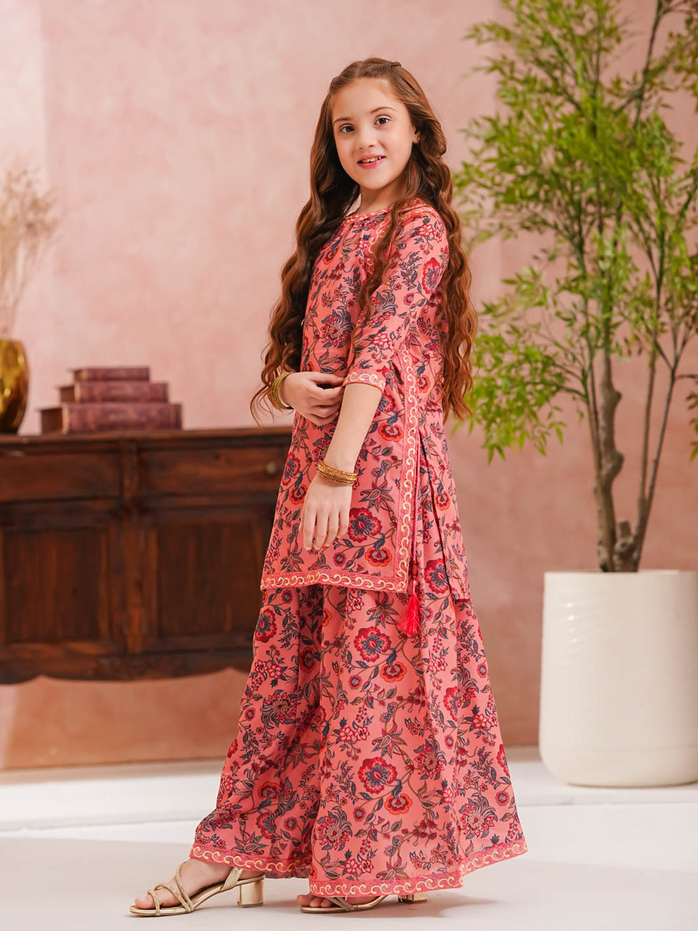 TNG Girls RTW Printed Swiss Lawn 2 Piece Suit Sargoshi Gharara Set Pink Festive Collection
