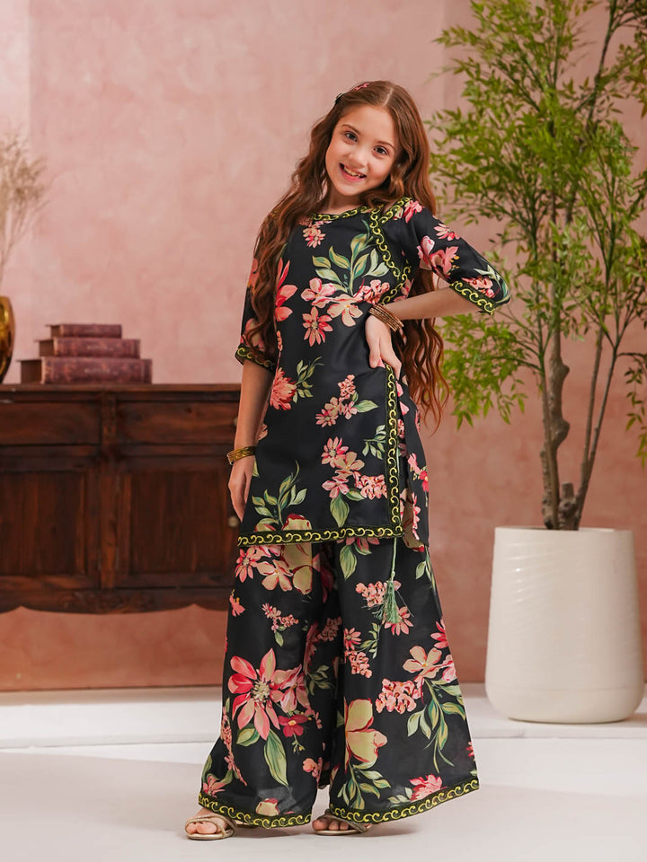 TNG Girls RTW Printed Doria 2 Piece Suit Sargoshi Gharara Set Black Festive Collection