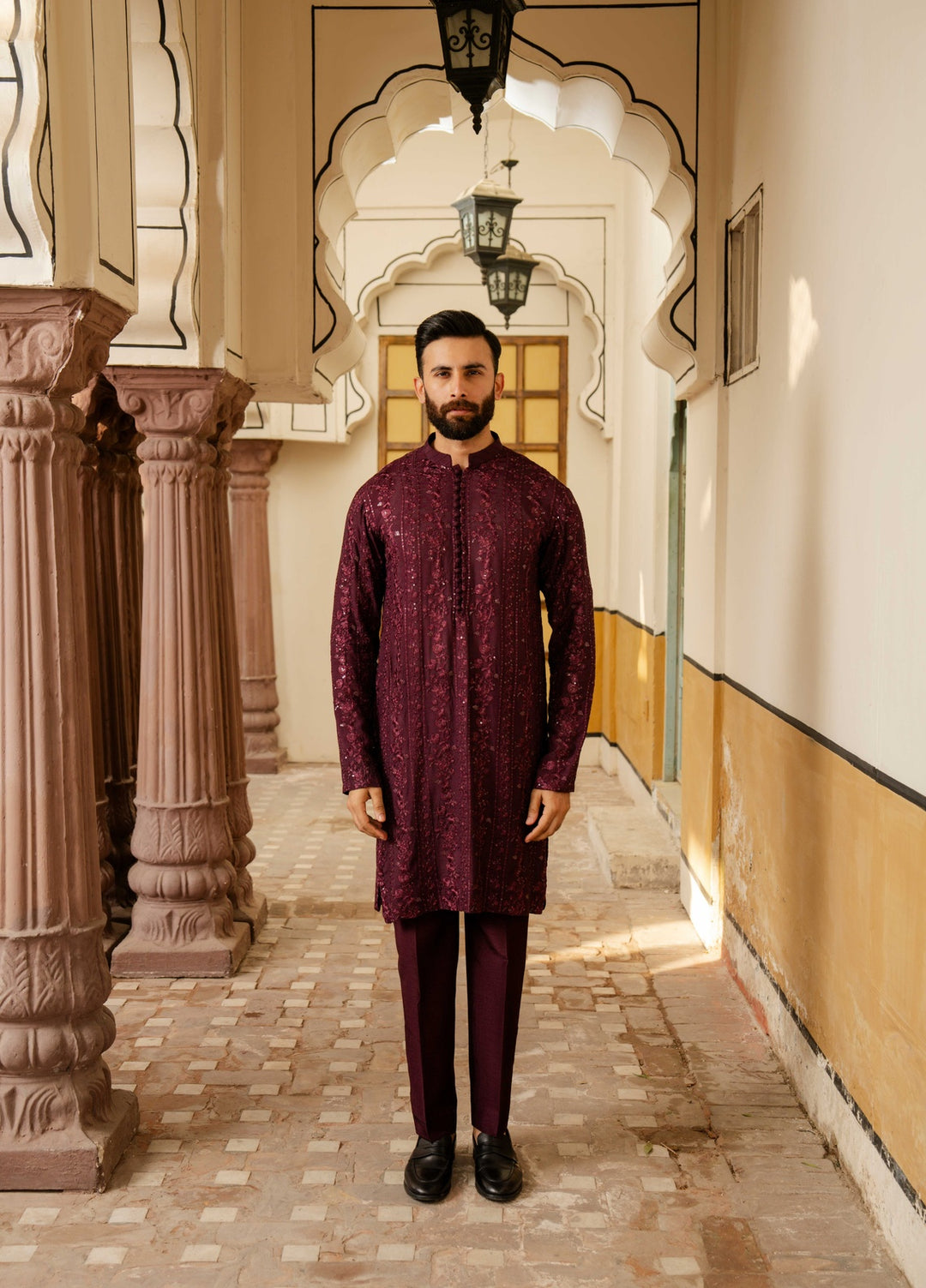 Dildaar by Hamna Ehtasham Mens RTW Embroidered Korean Silk 3 Piece Suit Ruan Festive Collection