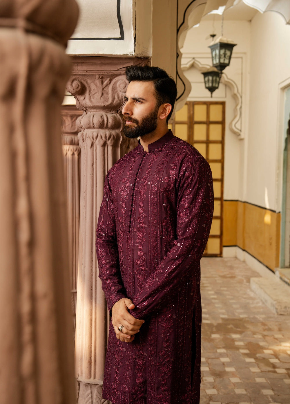 Dildaar by Hamna Ehtasham Mens RTW Embroidered Korean Silk 3 Piece Suit Ruan Festive Collection