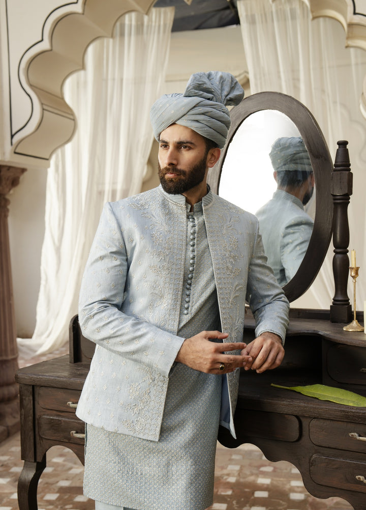 Dildaar by Hamna Ehtasham Mens RTW Embroidered Korean Silk 3 Piece Suit Ayaz Festive Collection