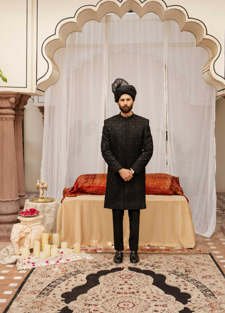 Dildaar by Hamna Ehtasham Mens RTW Embroidered Korean Silk 3 Piece Suit Rayyan Black Sherwani Festive Collection