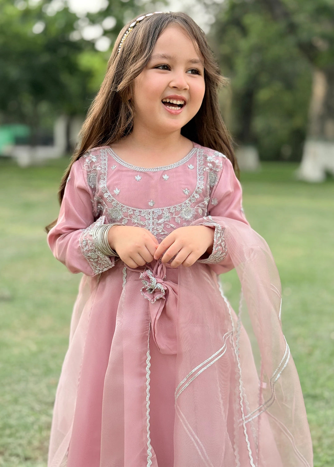 Modest Girls RTW Embroidered Tissue 3 Piece Suit Pink Frock Wedding Collection