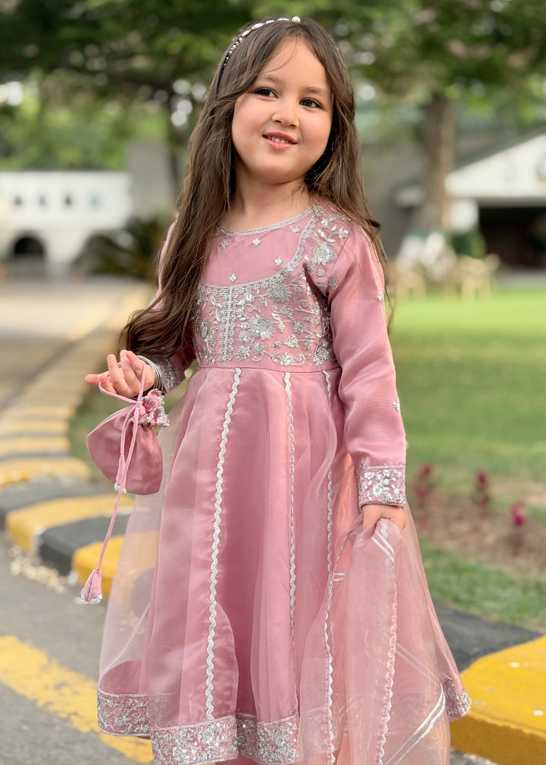 Modest Girls RTW Embroidered Tissue 3 Piece Suit Pink Frock Wedding Collection