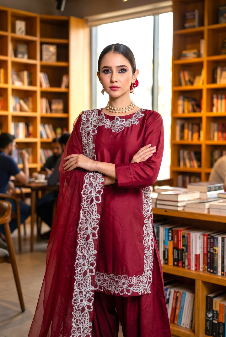 Heritage by Maherposh RTW Embroidered Lawn 3 Piece Suit Maroon Festive Collection