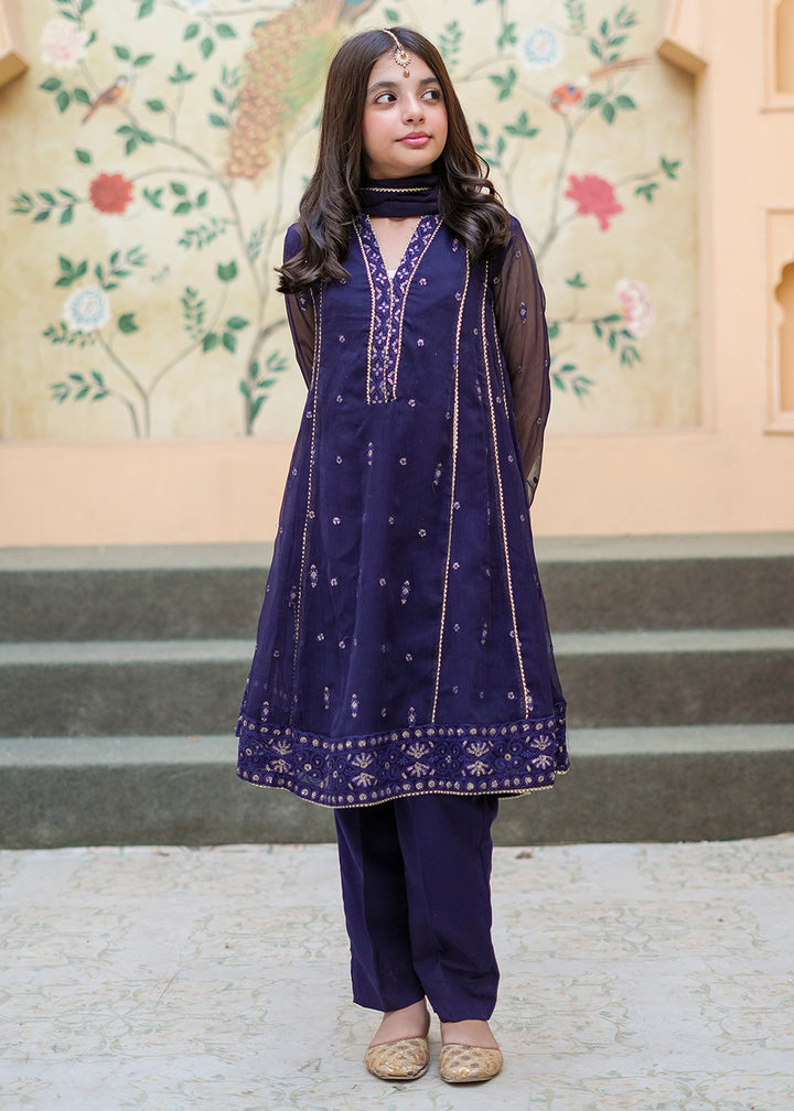 Modest Girls RTW Embroidered Crinkle 3 Piece Suit Blue 11115-BLU Festive Collection