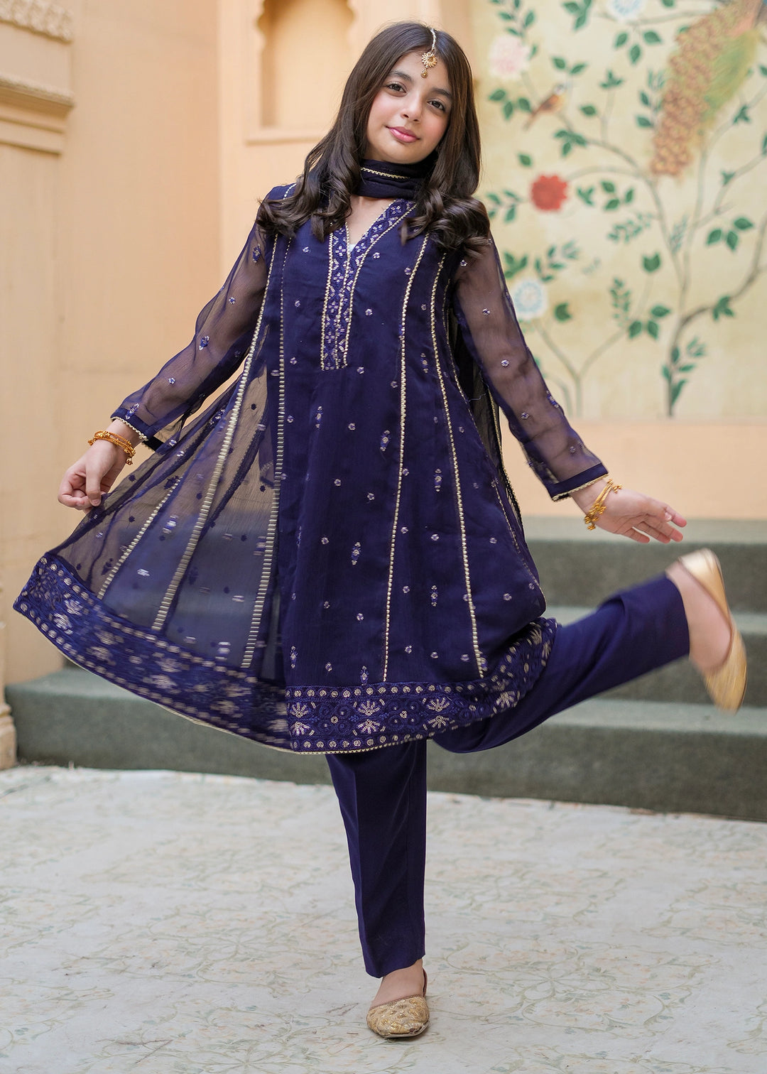 Modest Girls RTW Embroidered Crinkle 3 Piece Suit Blue 11115-BLU Festive Collection