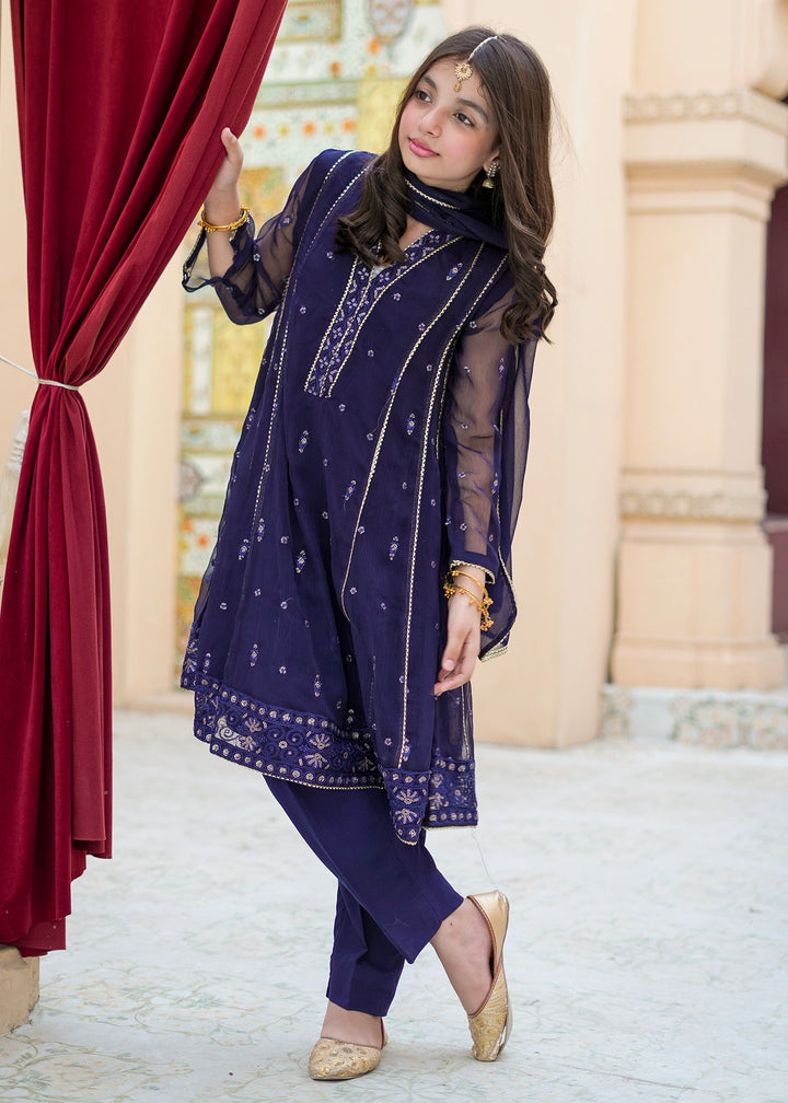 Modest Girls RTW Embroidered Crinkle 3 Piece Suit Blue 11115-BLU Festive Collection