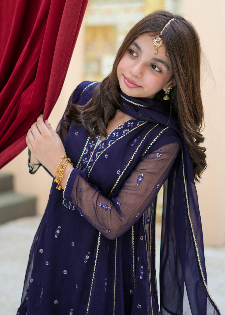 Modest Girls RTW Embroidered Crinkle 3 Piece Suit Blue 11115-BLU Festive Collection