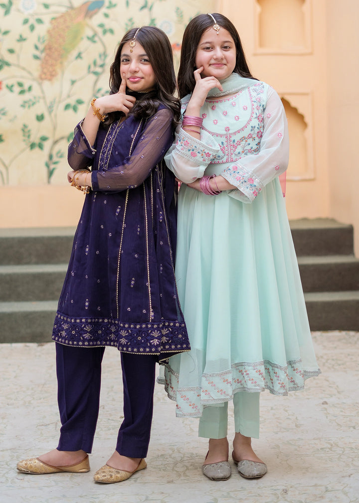 Modest Girls RTW Embroidered Crinkle 3 Piece Suit Blue 11115-BLU Festive Collection