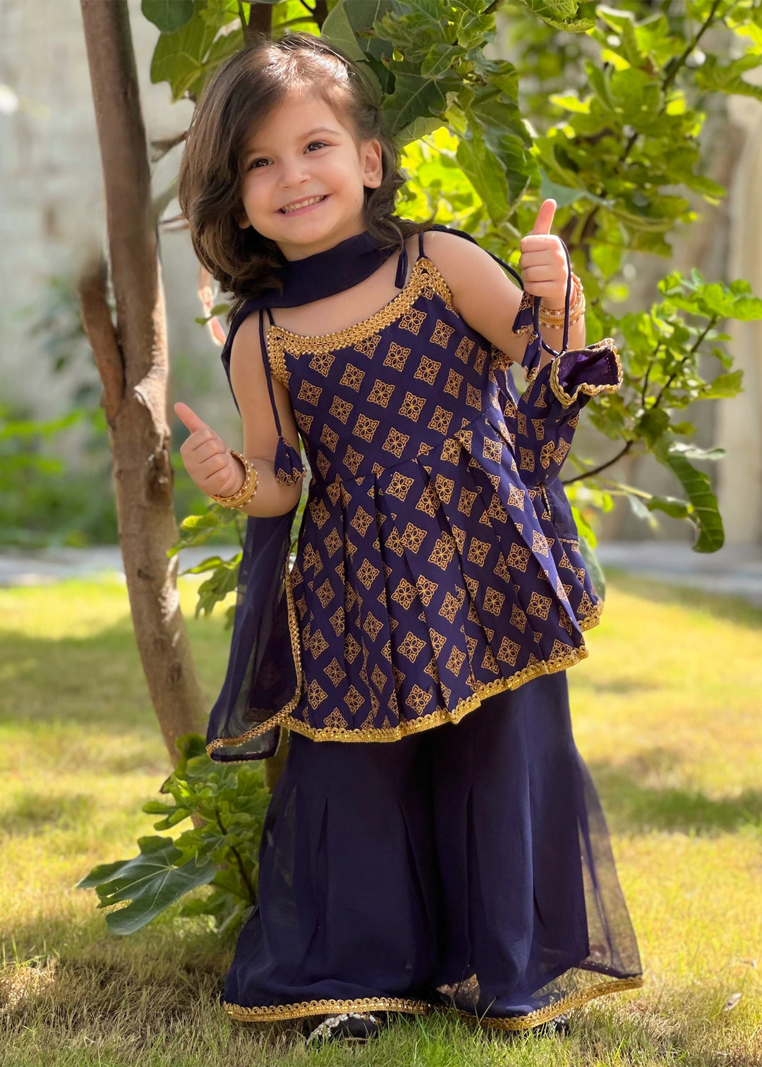 Modest Girls RTW Printed Raw Silk 3 Piece Suit Blue Festive Collection