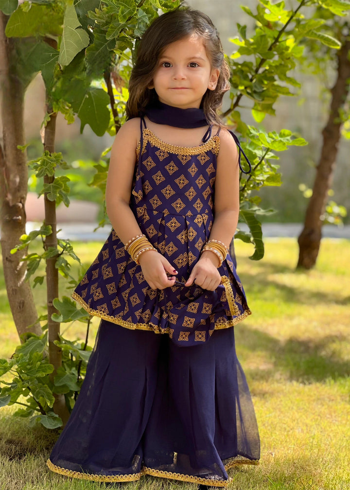 Modest Girls RTW Printed Raw Silk 3 Piece Suit Blue Festive Collection