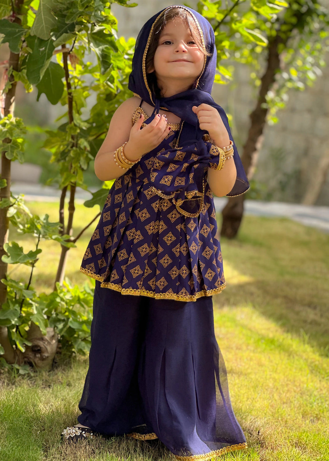 Modest Girls RTW Printed Raw Silk 3 Piece Suit Blue Festive Collection