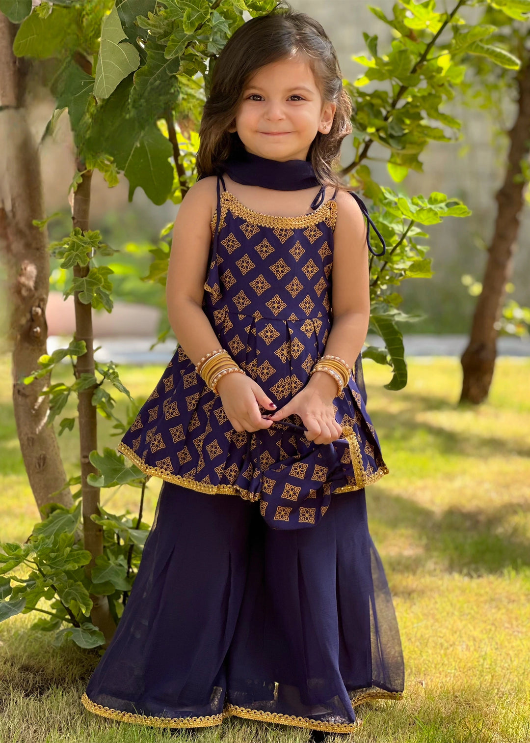 Modest Girls RTW Printed Raw Silk 3 Piece Suit Blue Festive Collection