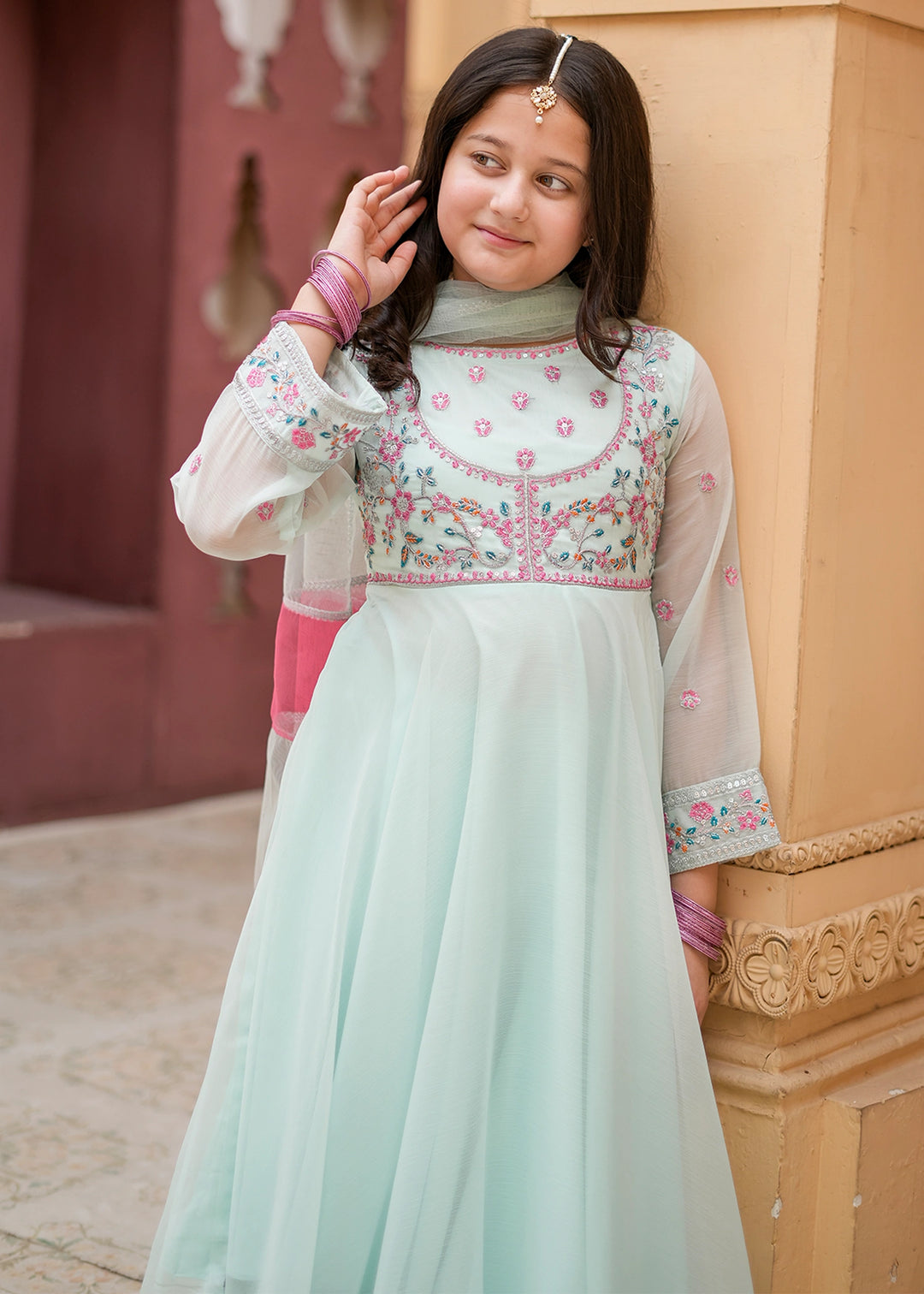 Modest Girls RTW Embroidered Crinkle 3 Piece Suit C-Blue Festive Collection