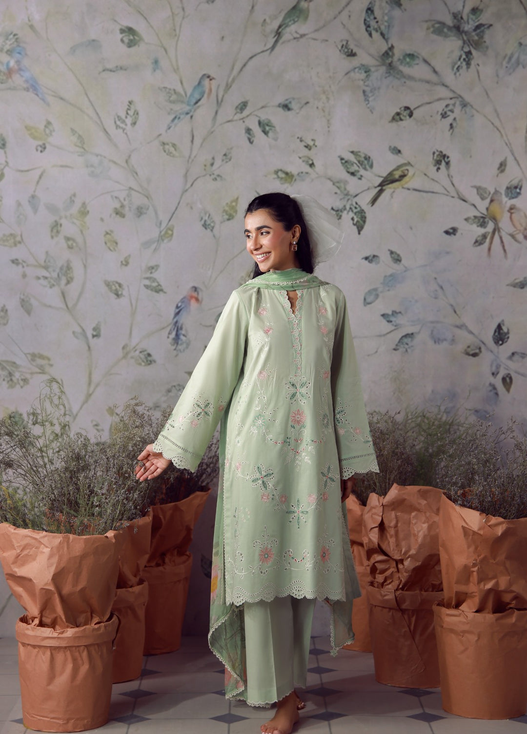 Sahar Women RTW Chikankari Cambric 3 Piece Suit Sage Cream Festive Collection