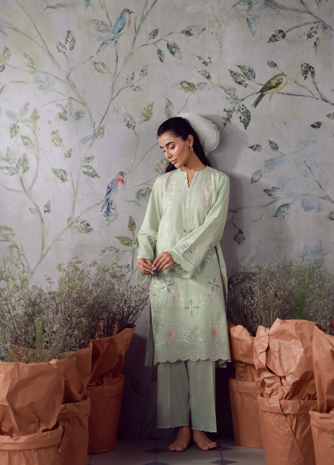 Sahar Women RTW Chikankari Cambric 3 Piece Suit Sage Cream Festive Collection