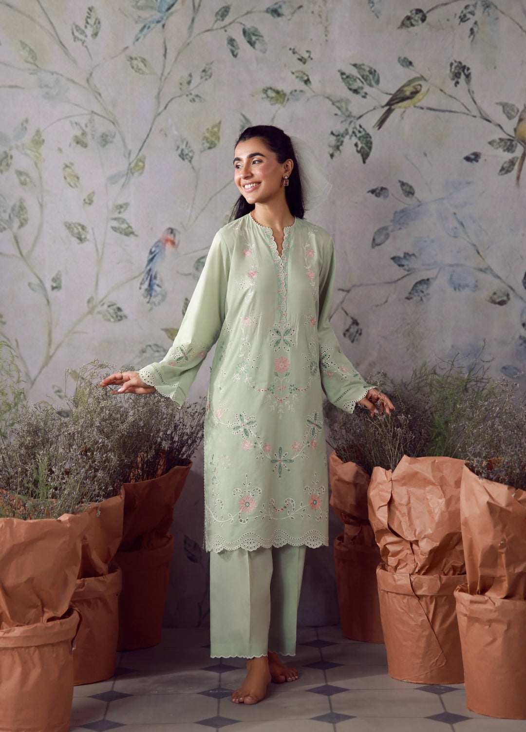 Sahar Women RTW Chikankari Cambric 3 Piece Suit Sage Cream Festive Collection