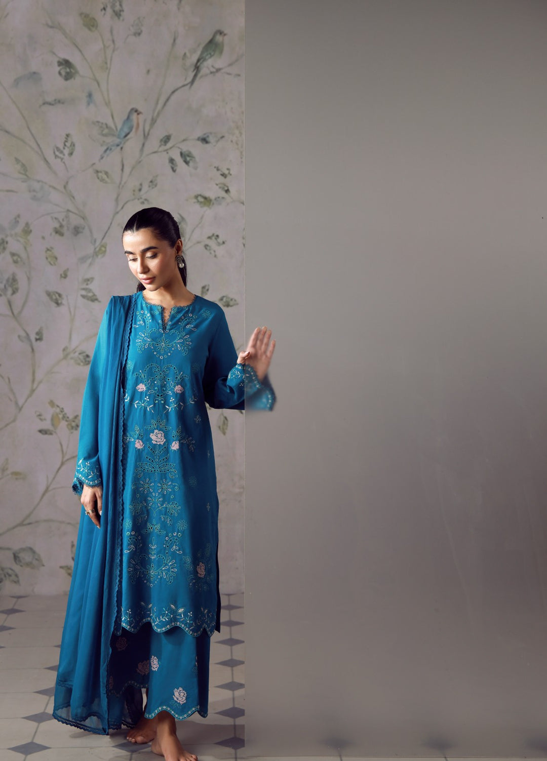 Sahar Women RTW Chikankari Cambric 3 Piece Suit CRYSTAL TEAL Festive Collection
