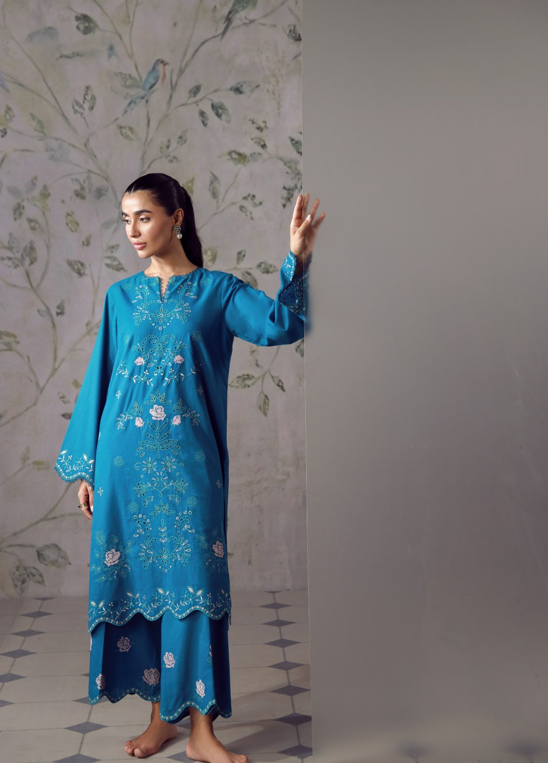 Sahar Women RTW Chikankari Cambric 3 Piece Suit CRYSTAL TEAL Festive Collection