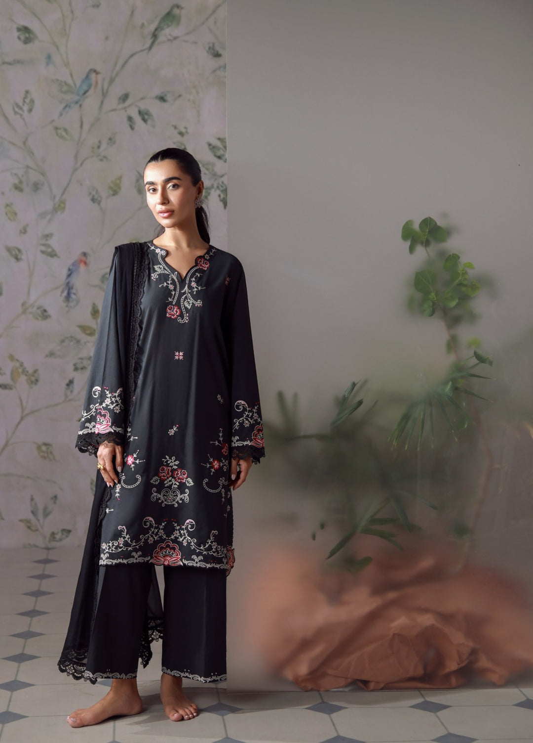 Sahar Women RTW Chikankari Cambric 3 Piece Suit Black Rosette Festive Collection