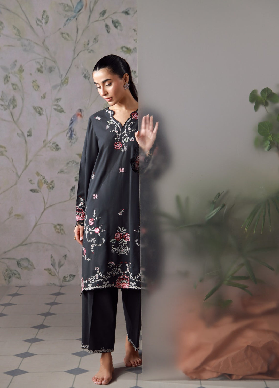 Sahar Women RTW Chikankari Cambric 3 Piece Suit Black Rosette Festive Collection