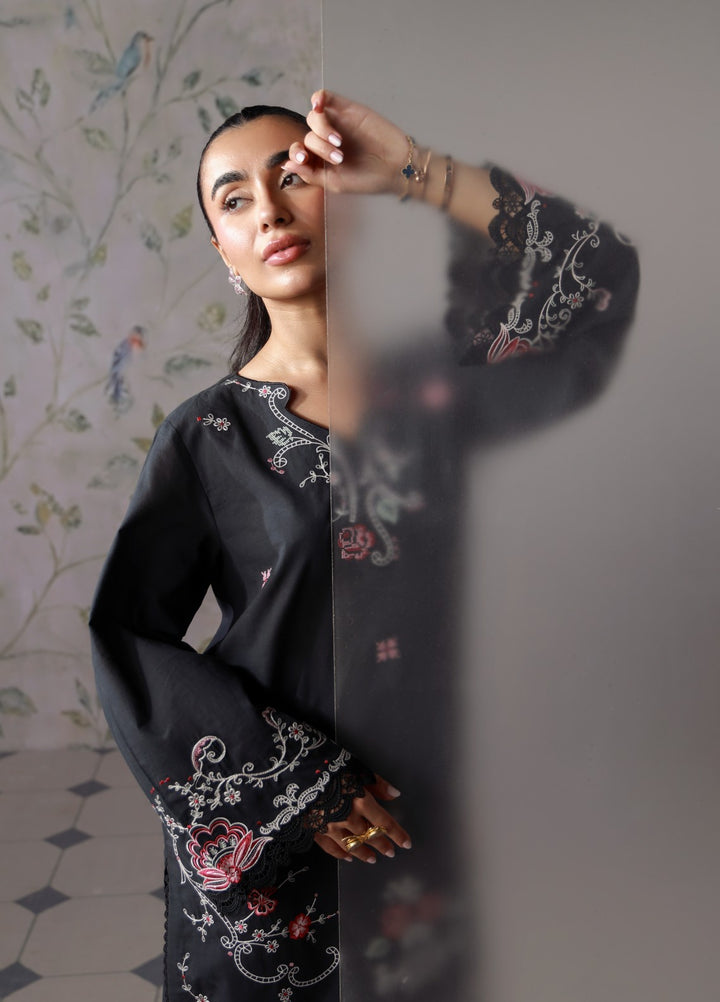 Sahar Women RTW Chikankari Cambric 3 Piece Suit Black Rosette Festive Collection