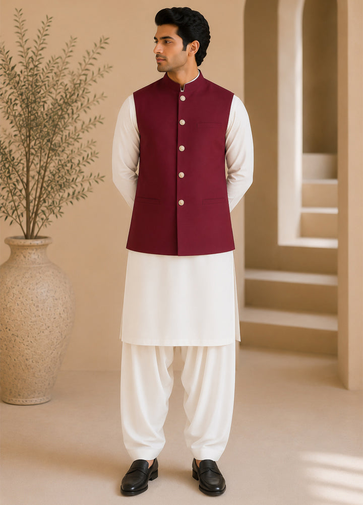 Off White Kurta Shalwar with Maroon Waistcoat
