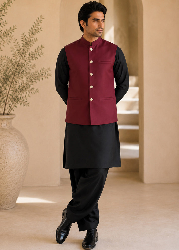 Black Kurta Shalwar with Maroon Waistcoat