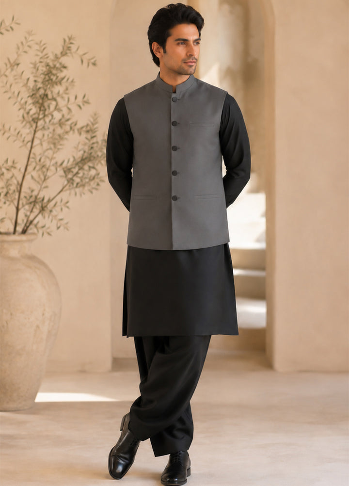 Black Kurta Shalwar with Gray Waistcoat