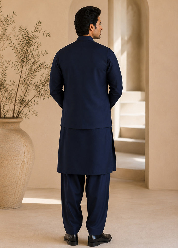 Navy Blue Kurta Shalwar with Waistcoat